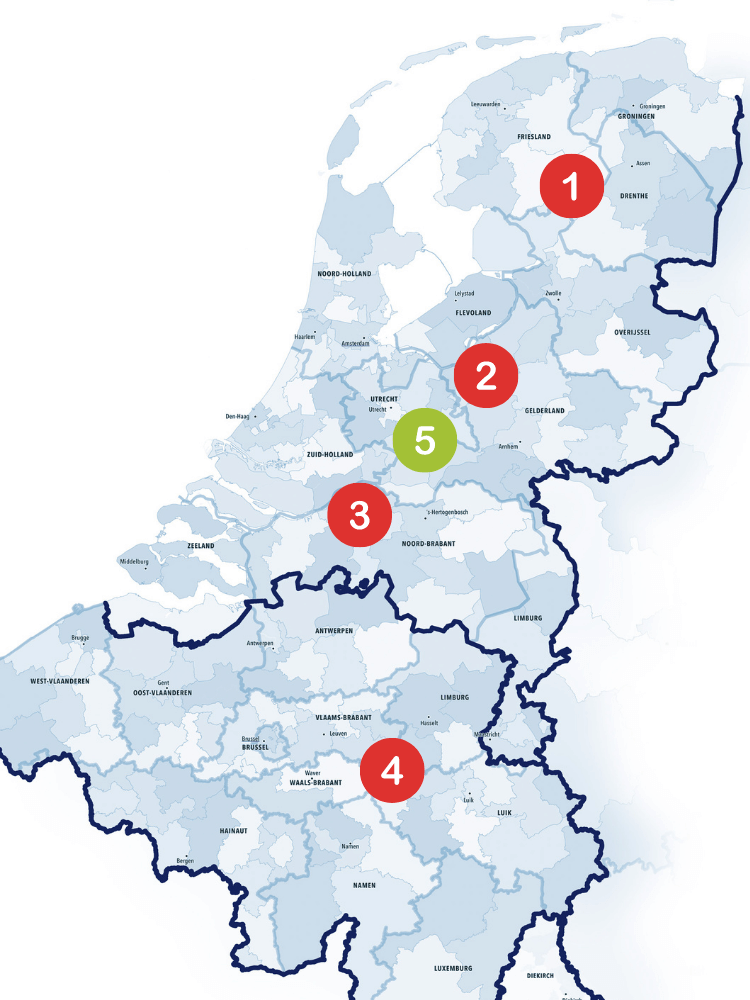 Overzichtskaart van de Benelux waarin de regio's van Heemskerk staan aangegeven